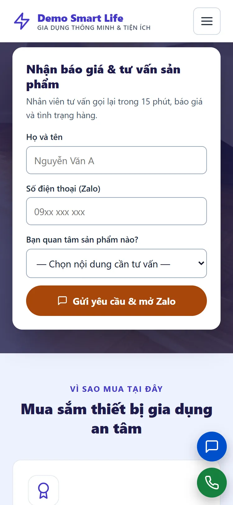 Landing page Gia dụng thông minh & Tiện ích – Form nhận yêu cầu (điện thoại)