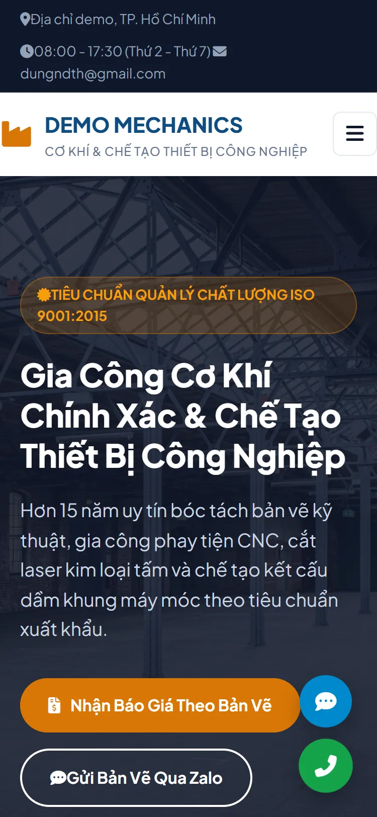 Landing page Xưởng cơ khí & gia công – Trang chủ (điện thoại)