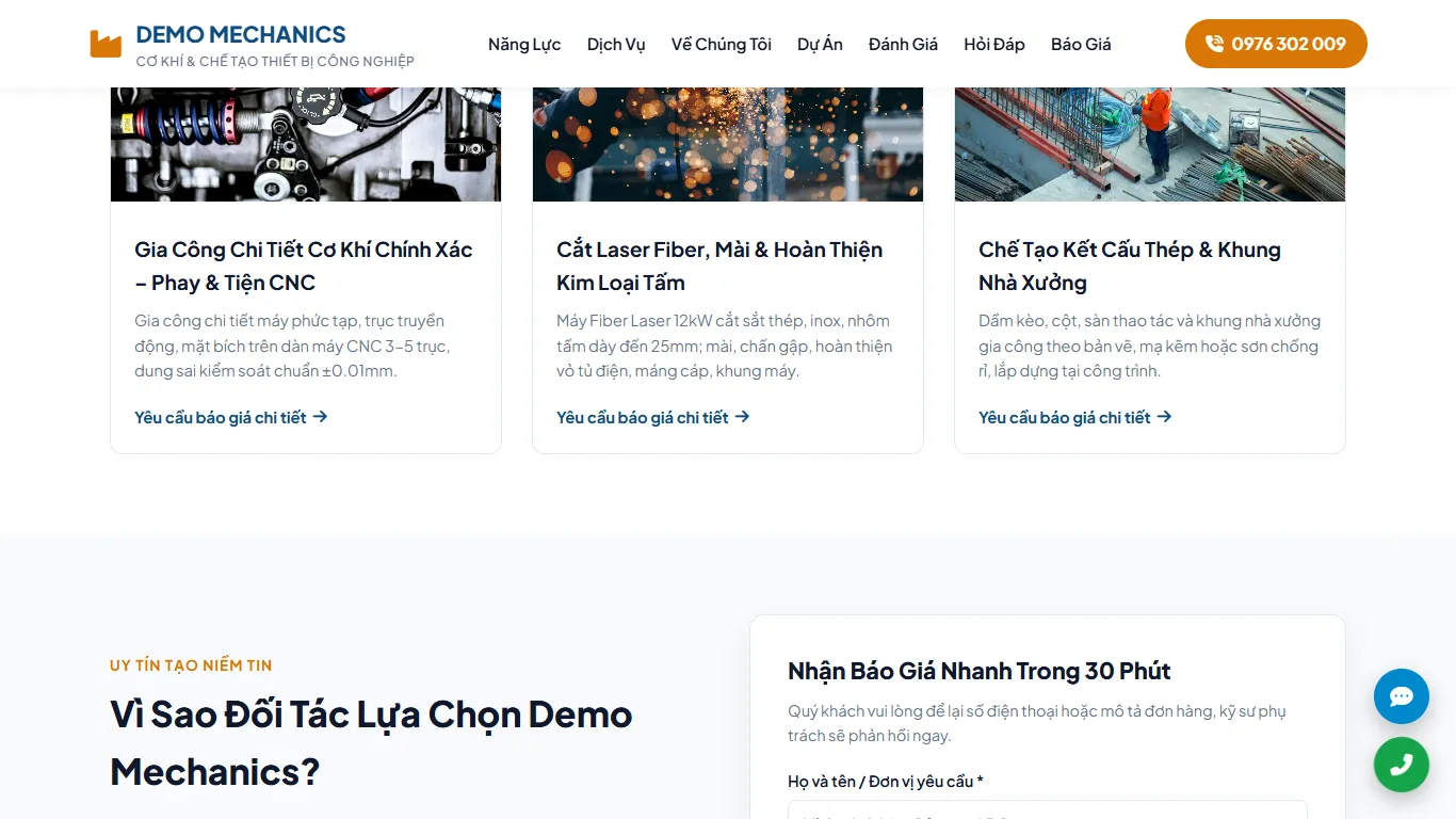 Landing page Xưởng cơ khí & gia công – Khối nội dung (máy tính)