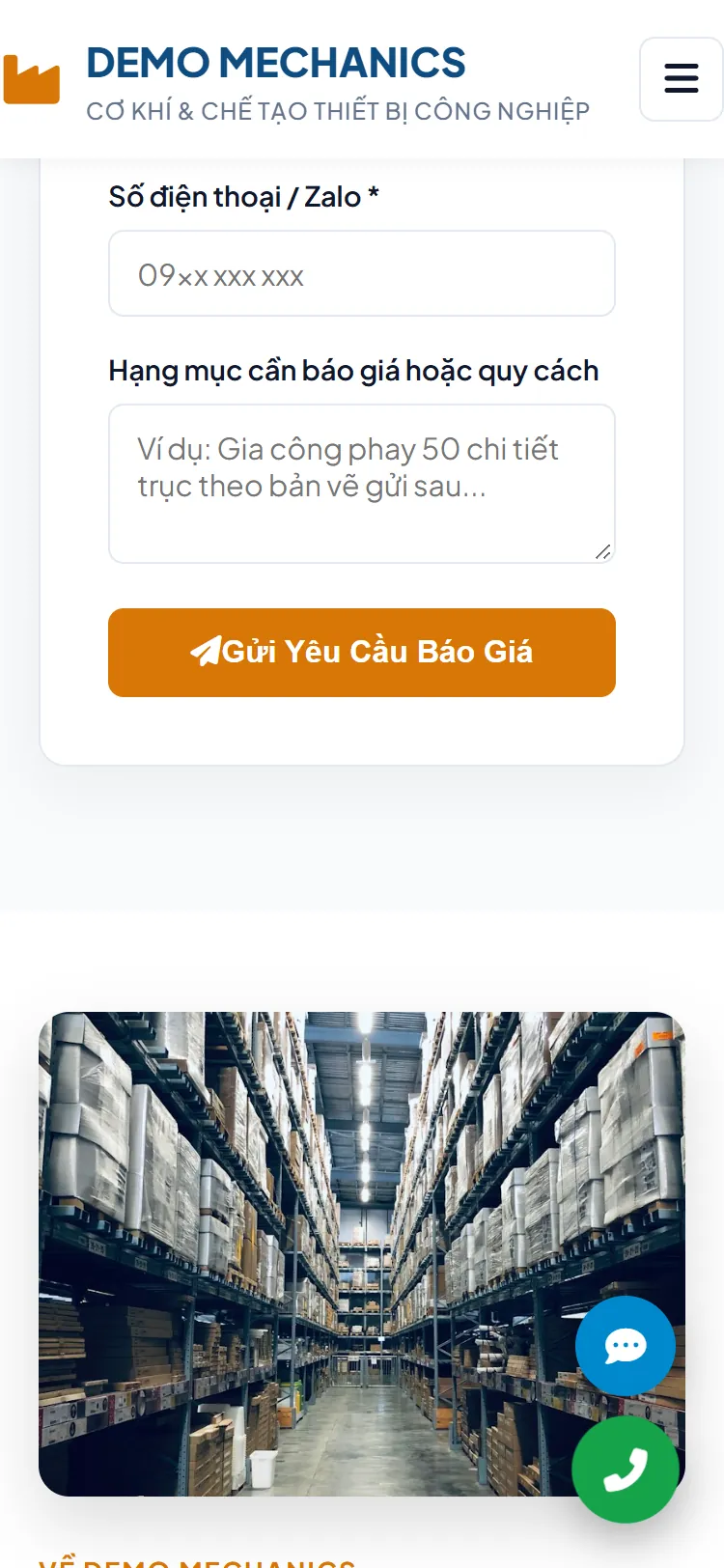 Landing page Xưởng cơ khí & gia công – Form nhận yêu cầu (điện thoại)