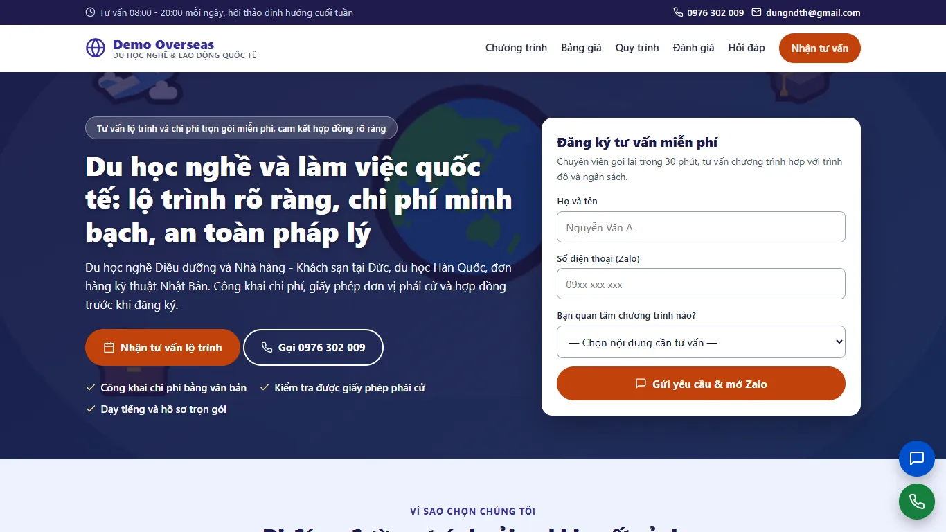 Ảnh chụp Landing page Du học nghề & Lao động quốc tế