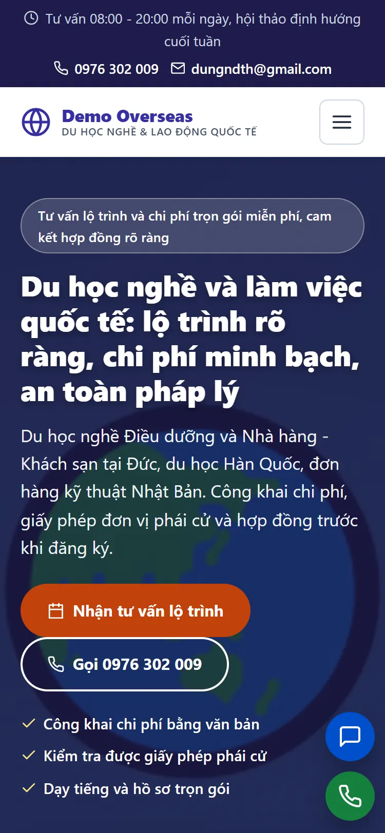 Landing page Du học nghề & Lao động quốc tế – Trang chủ (điện thoại)
