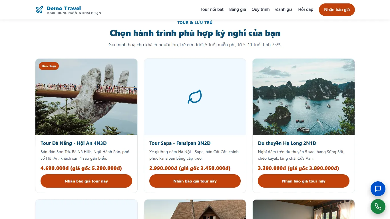 Landing page Tour & Du lịch – Khối nội dung (máy tính)