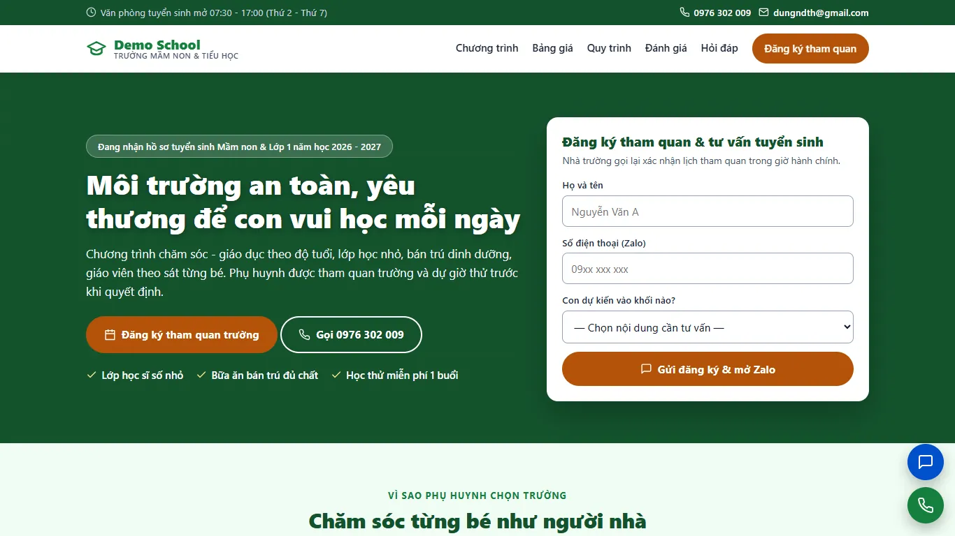 Ảnh chụp Landing page Trường mầm non & tiểu học
