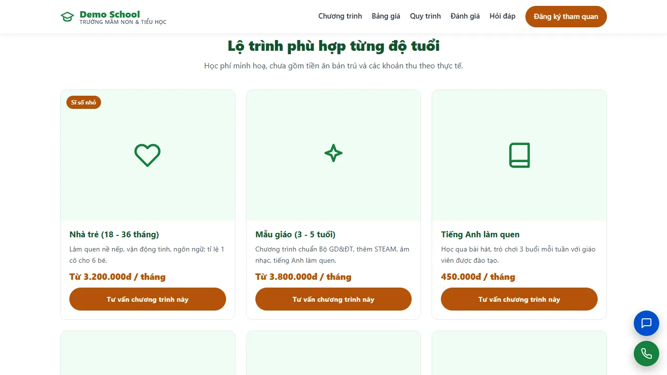 Landing page Trường mầm non & tiểu học – Khối nội dung (máy tính)