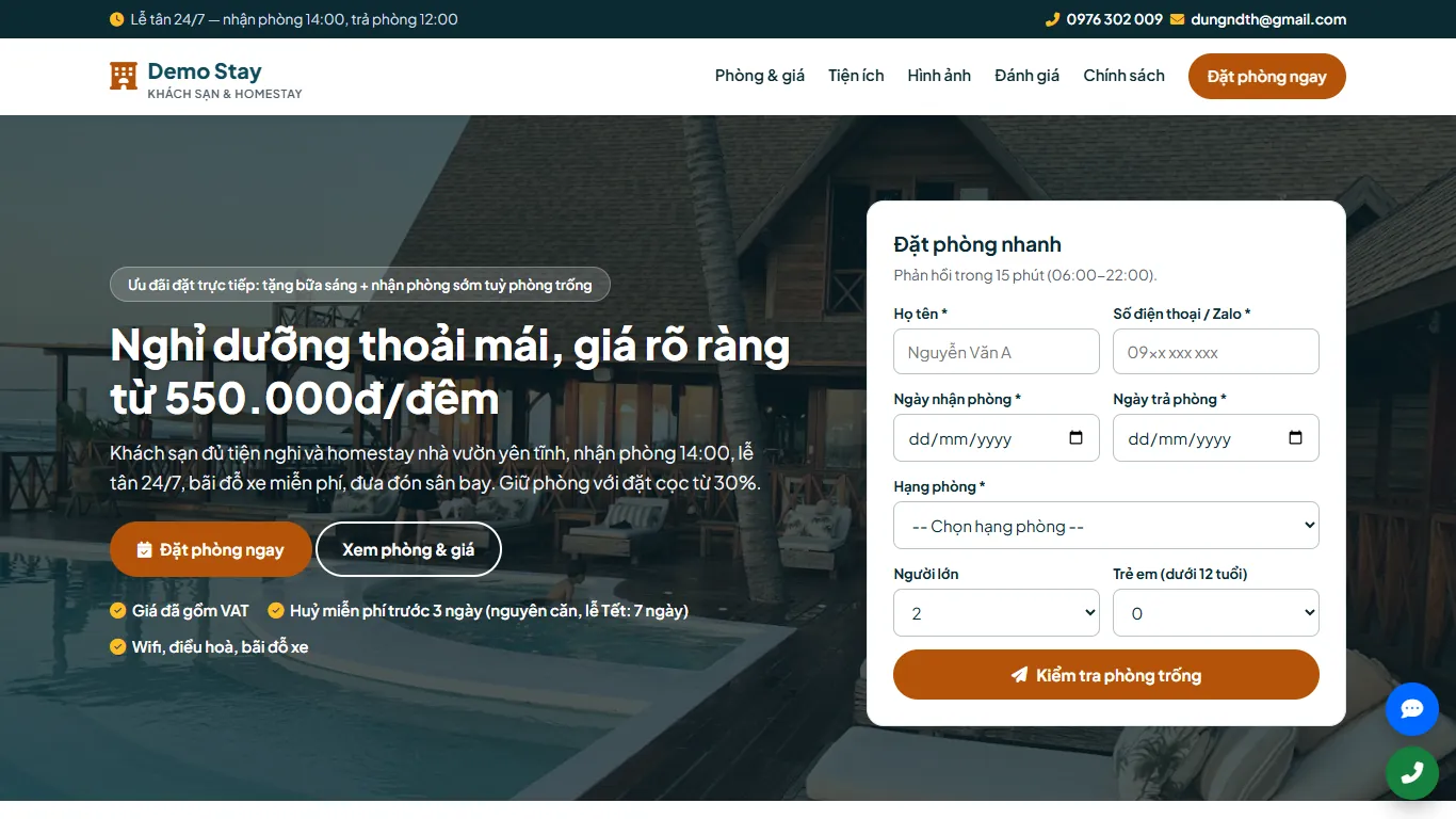 Ảnh chụp Landing page Khách sạn & Homestay