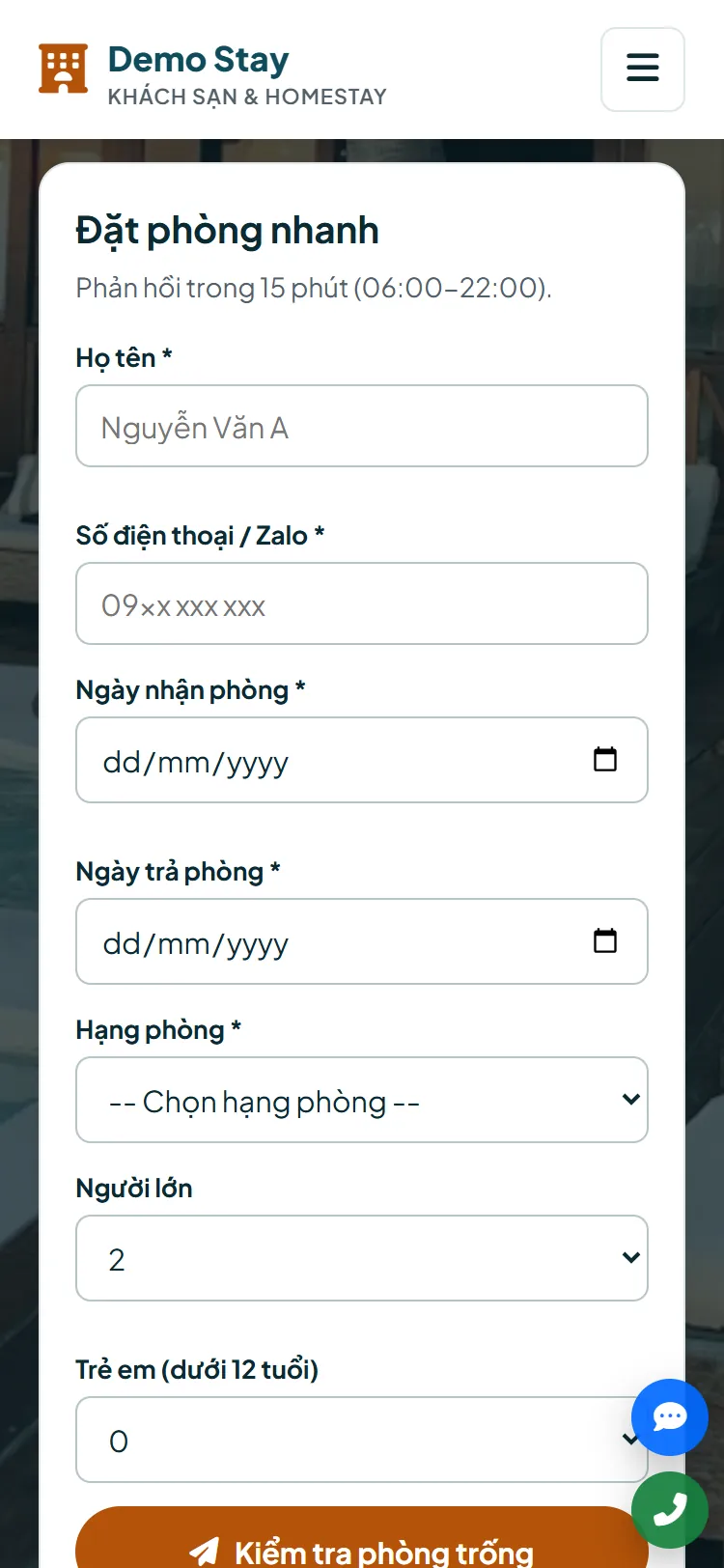 Landing page Khách sạn & Homestay – Form nhận yêu cầu (điện thoại)