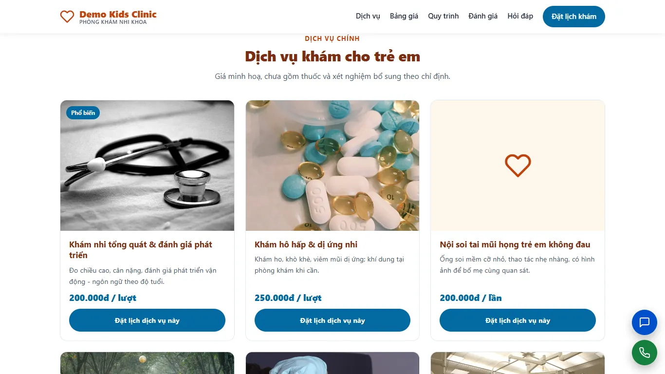 Landing page Phòng khám Nhi khoa – Khối nội dung (máy tính)