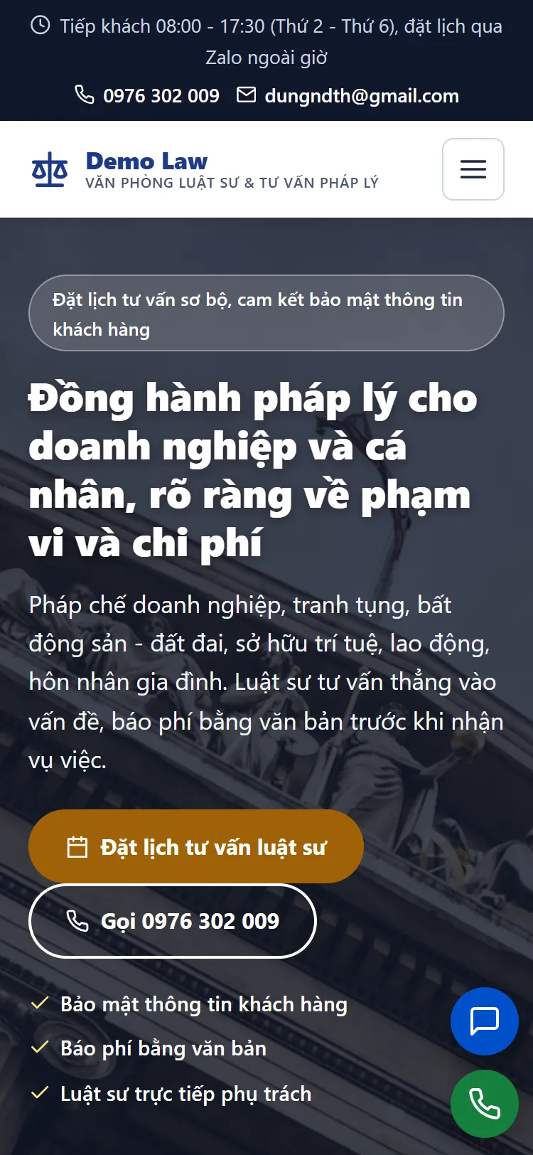 Landing page Văn phòng luật sư & Tư vấn pháp lý – Trang chủ (điện thoại)