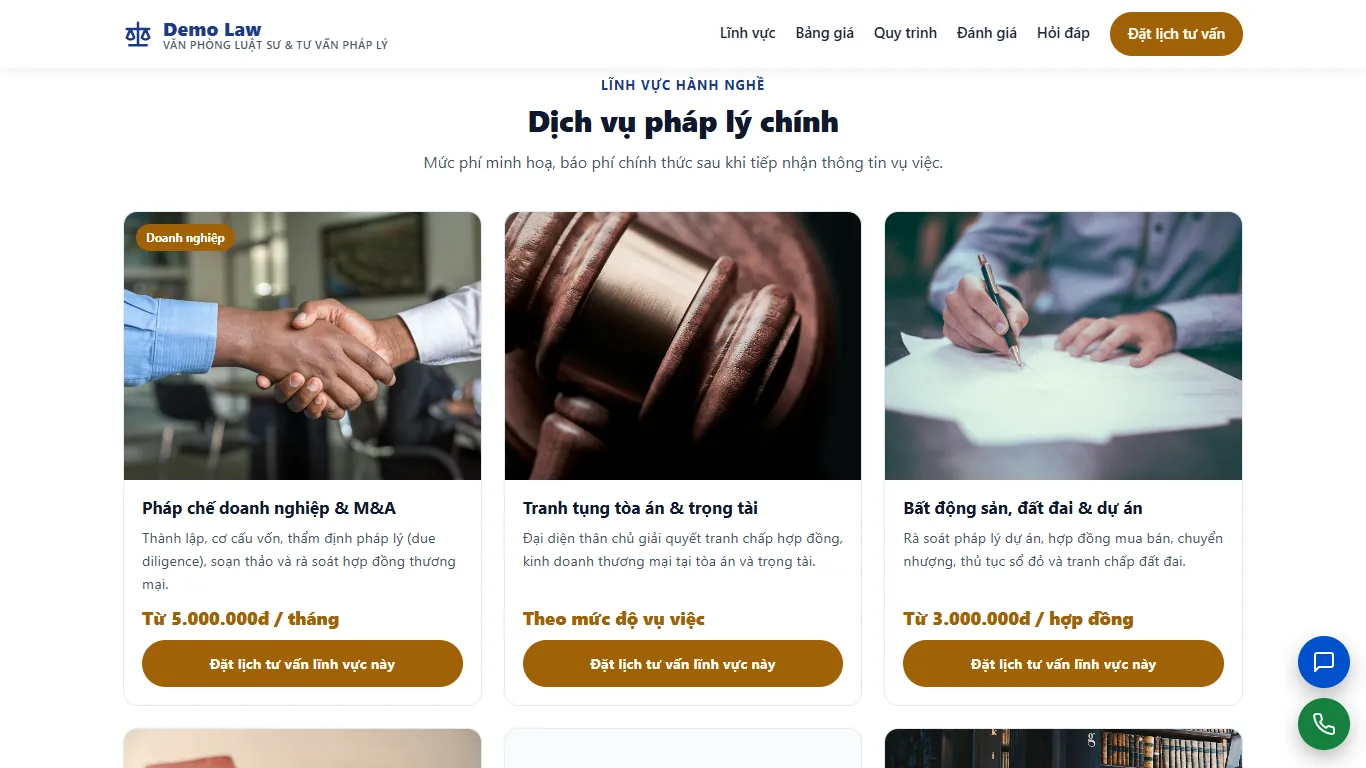 Landing page Văn phòng luật sư & Tư vấn pháp lý – Khối nội dung (máy tính)