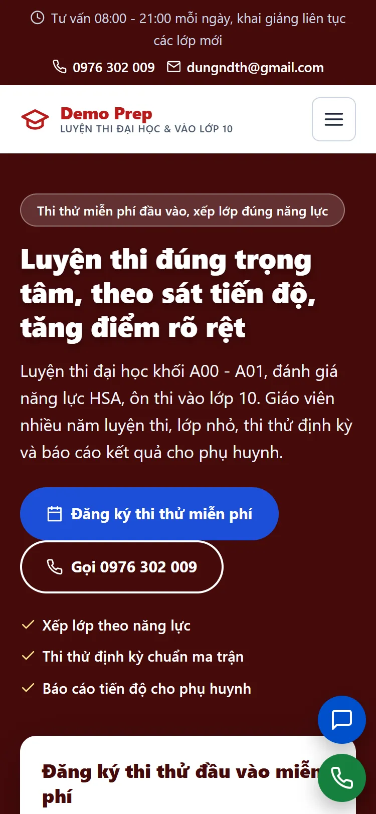 Landing page Luyện thi đại học & vào lớp 10 – Trang chủ (điện thoại)