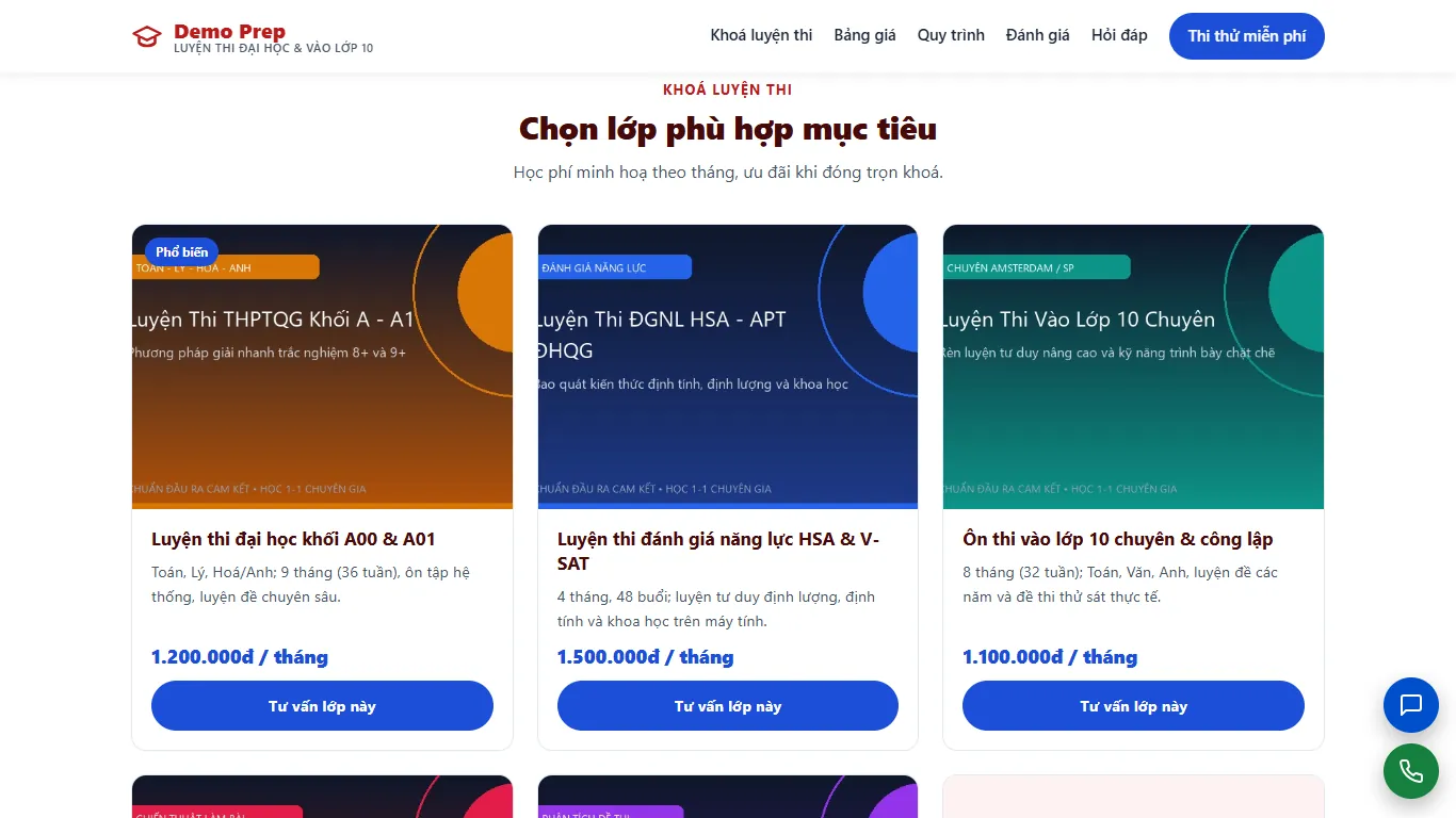 Landing page Luyện thi đại học & vào lớp 10 – Khối nội dung (máy tính)