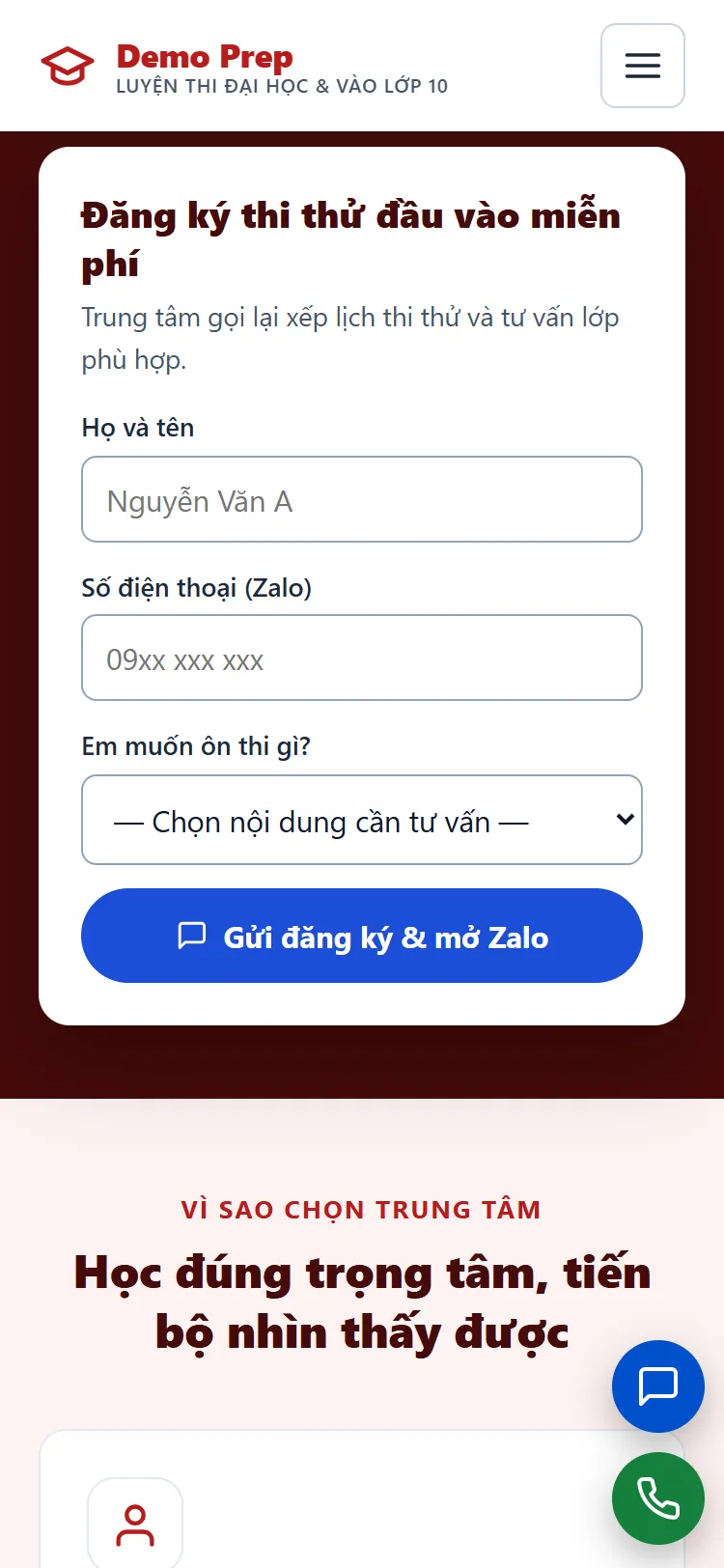 Landing page Luyện thi đại học & vào lớp 10 – Form nhận yêu cầu (điện thoại)