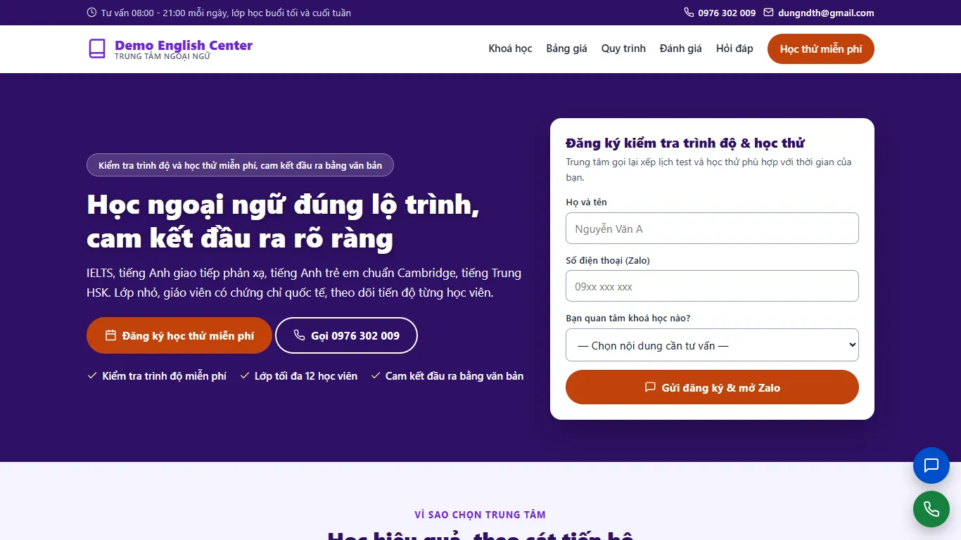 Ảnh chụp Landing page Trung tâm Ngoại ngữ