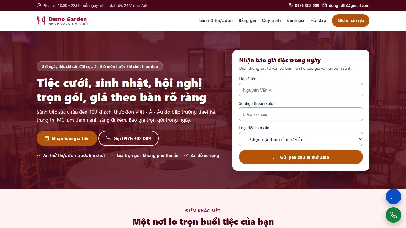 Ảnh chụp Landing page Nhà hàng & Tiệc cưới
