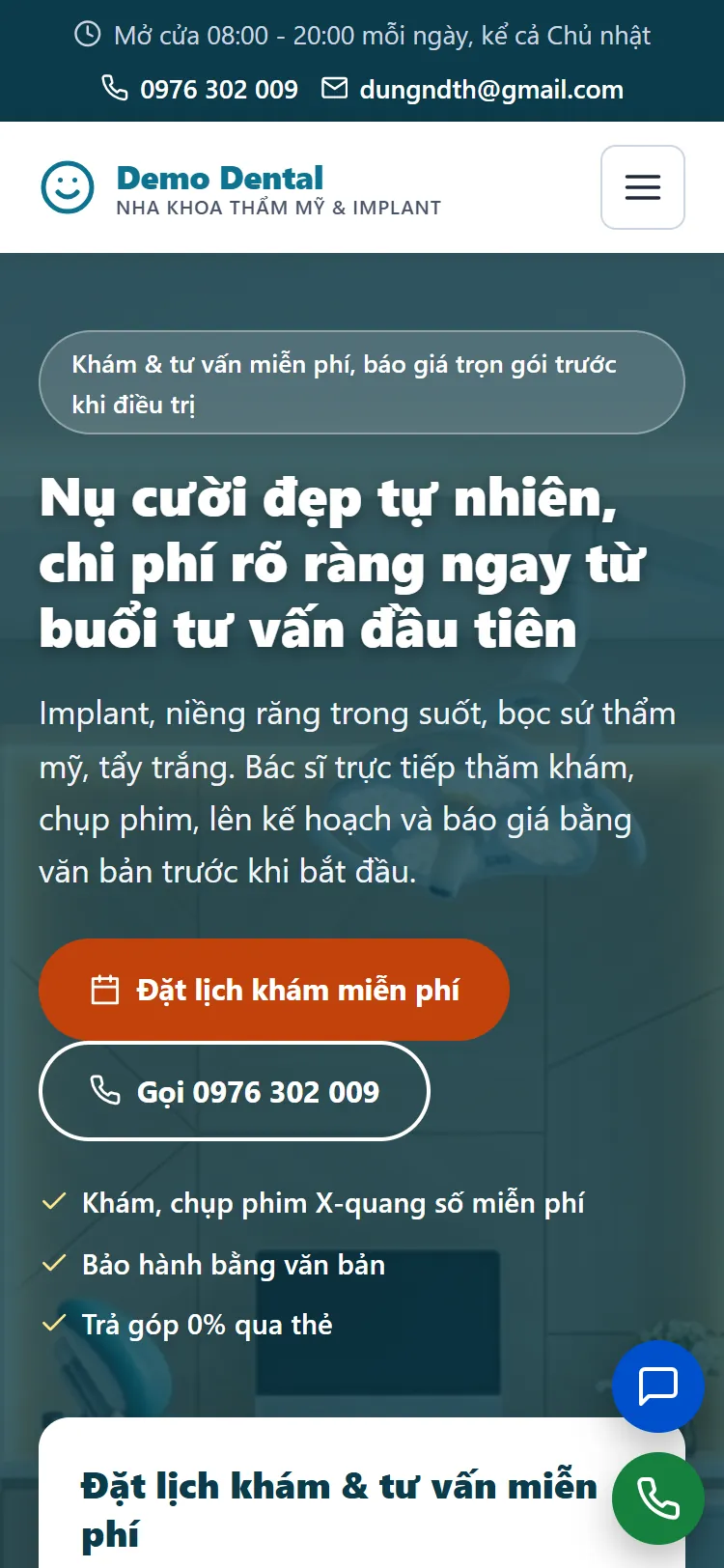Landing page Nha khoa thẩm mỹ & Implant – Trang chủ (điện thoại)