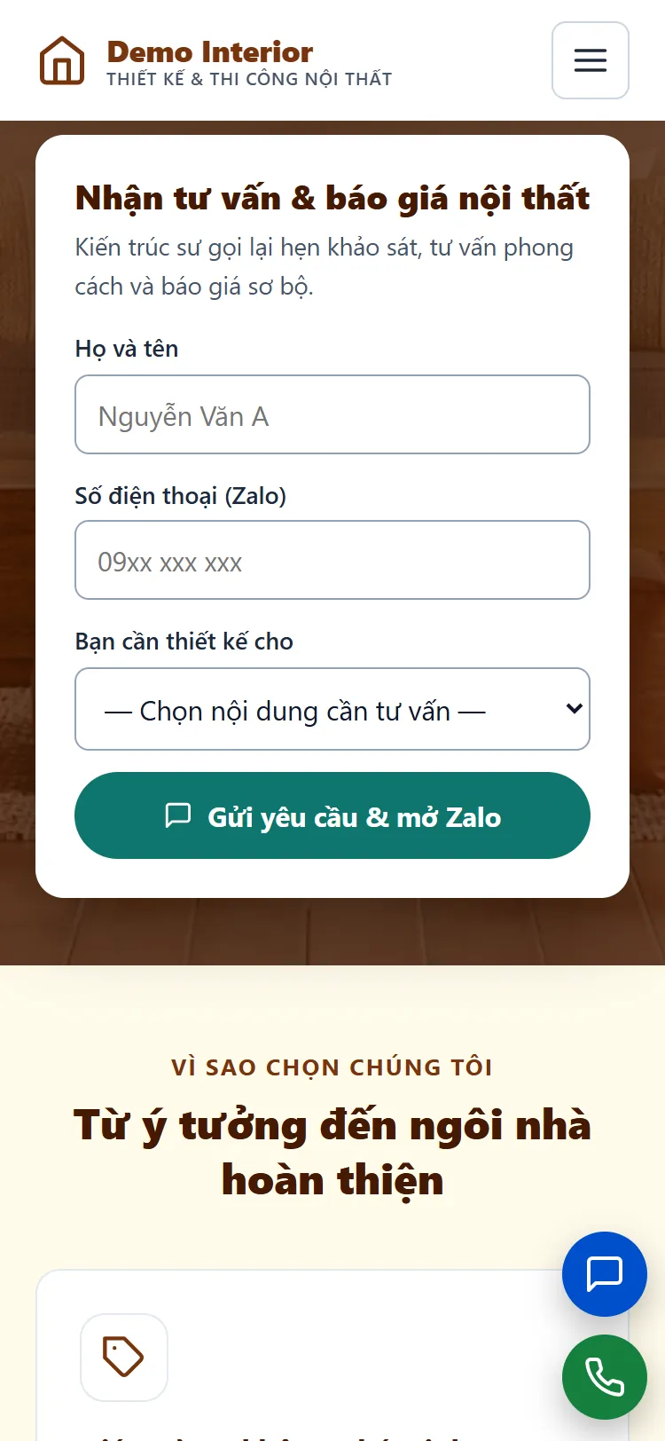 Landing page Thiết kế & Thi công nội thất – Form nhận yêu cầu mở thẳng Zalo