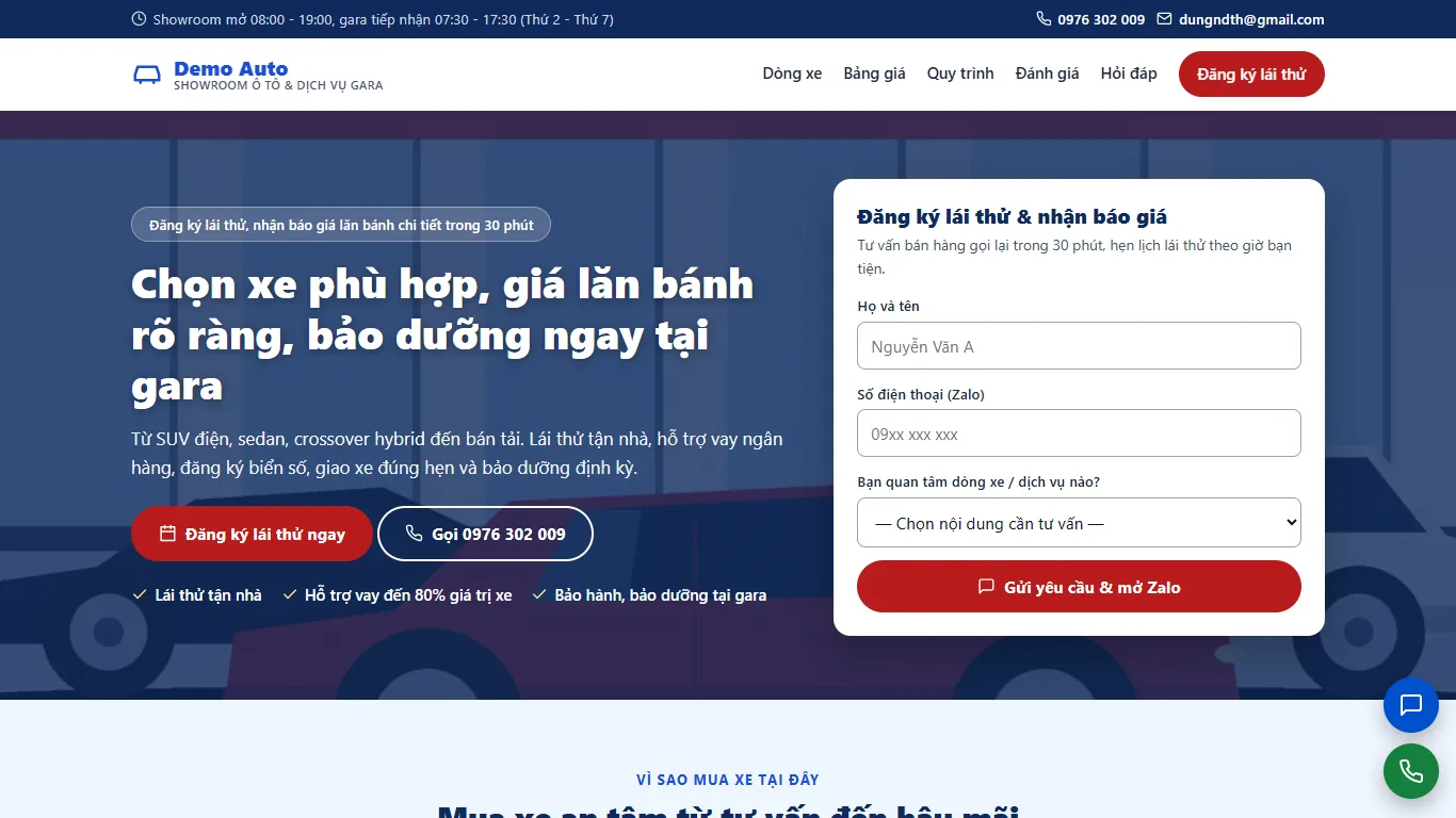 Ảnh chụp Landing page Showroom ô tô & Dịch vụ gara
