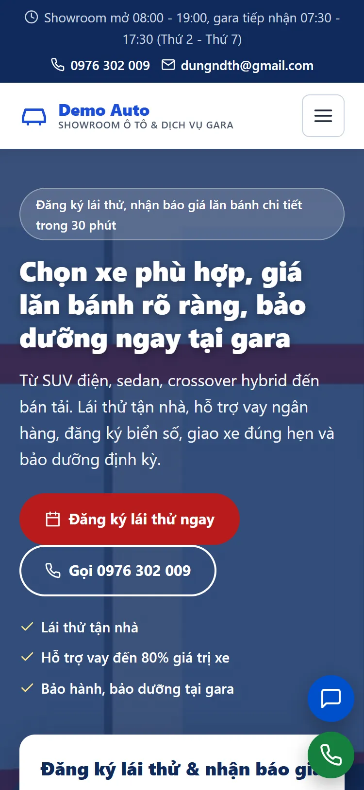 Landing page Showroom ô tô & Dịch vụ gara – Trang chủ (điện thoại)