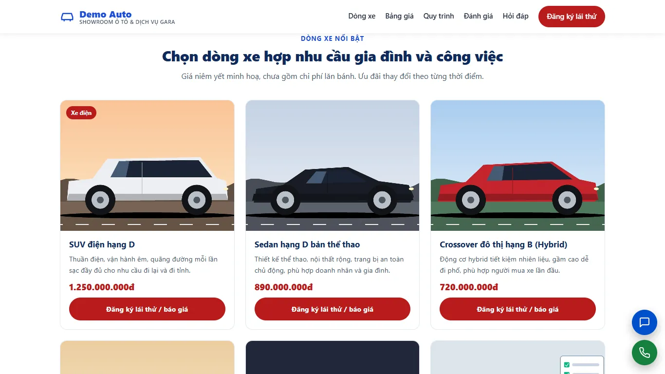 Landing page Showroom ô tô & Dịch vụ gara – Trang đích ngành bán hàng – showroom