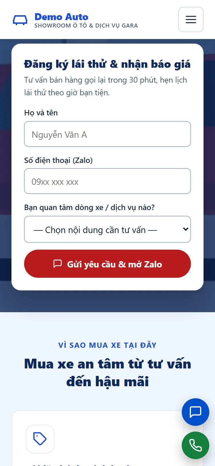 Landing page Showroom ô tô & Dịch vụ gara – Form nhận yêu cầu mở thẳng Zalo