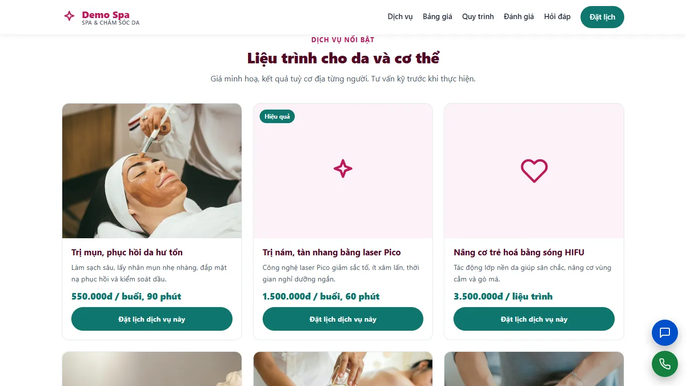 Landing page Spa & Chăm sóc da – Khối nội dung (máy tính)