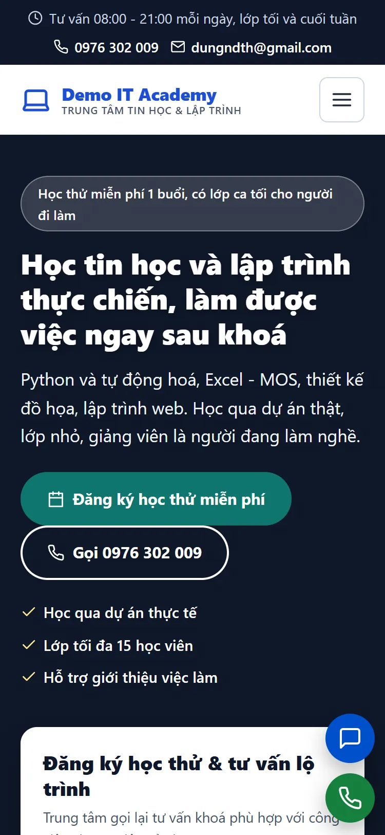 Landing page Trung tâm Tin học & Lập trình – Trang chủ (điện thoại)