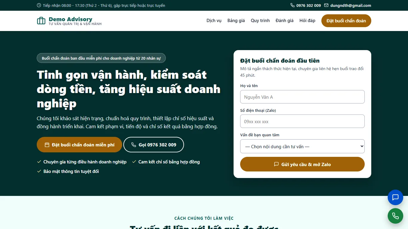 Ảnh chụp Landing page Tư vấn quản trị & vận hành
