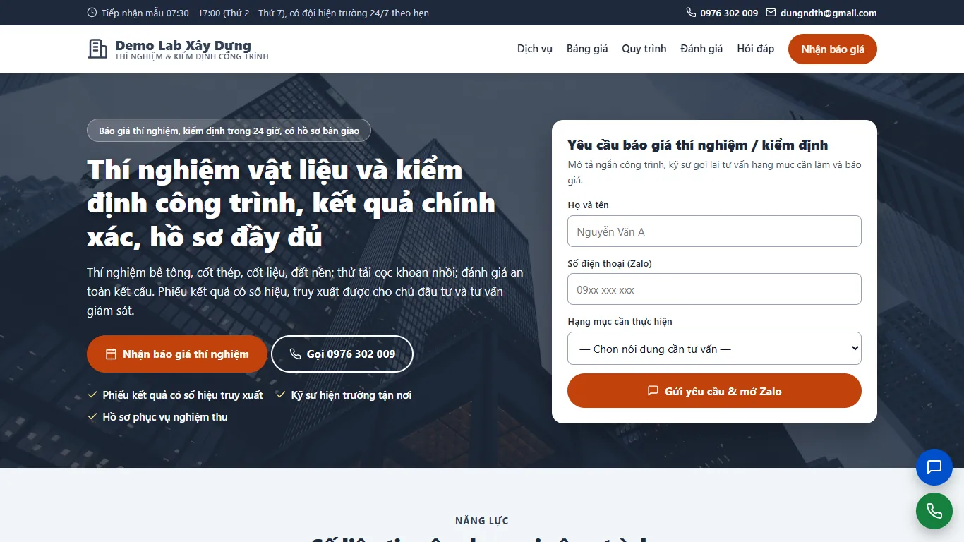 Ảnh chụp Landing page Thí nghiệm & Kiểm định xây dựng