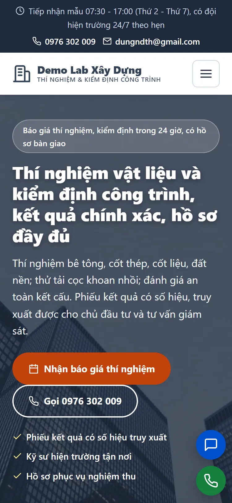 Landing page Thí nghiệm & Kiểm định xây dựng – Trang chủ (điện thoại)