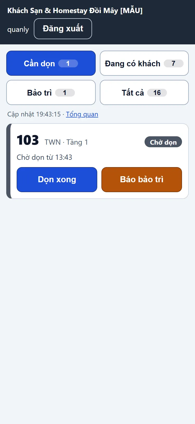 Hệ thống quản lý Khách sạn & Homestay (PMS) – Buồng phòng trên điện thoại (điện thoại)