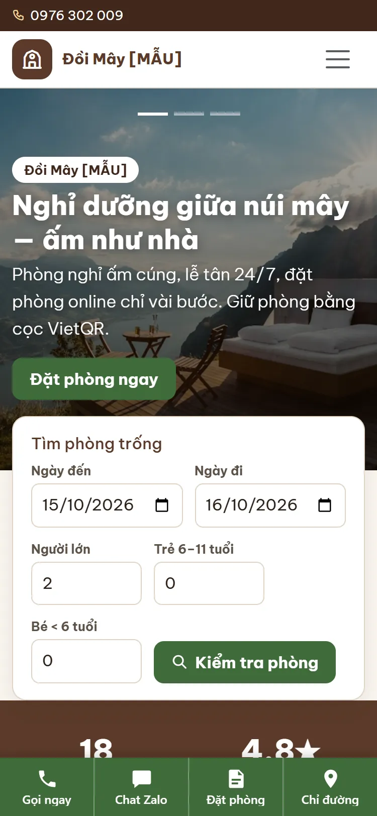Web Khách sạn & Homestay – Trang chủ (điện thoại)