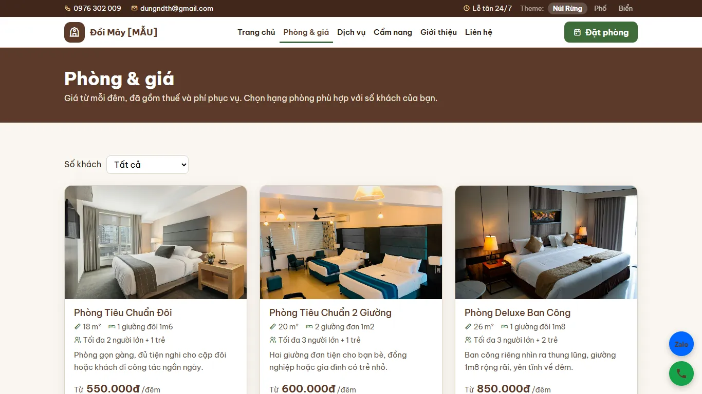 Web Khách sạn & Homestay – Danh sách phòng (máy tính)