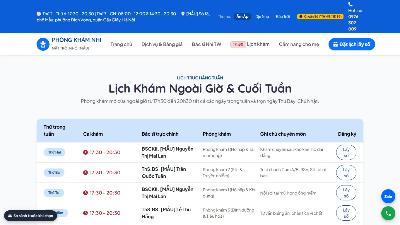 Web Phòng khám Nhi – Lịch khám ngoài giờ (máy tính)