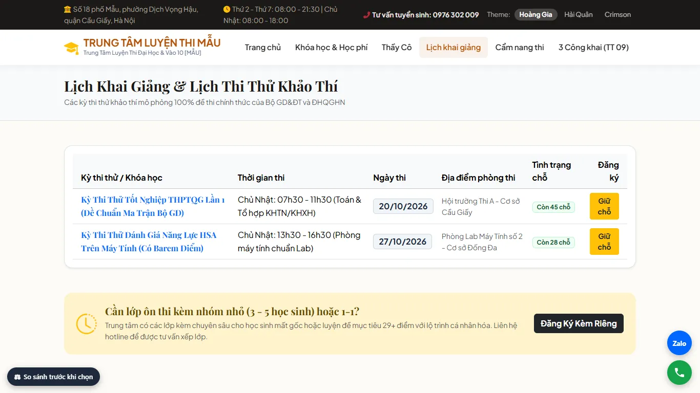 Web Luyện thi – Lịch khai giảng