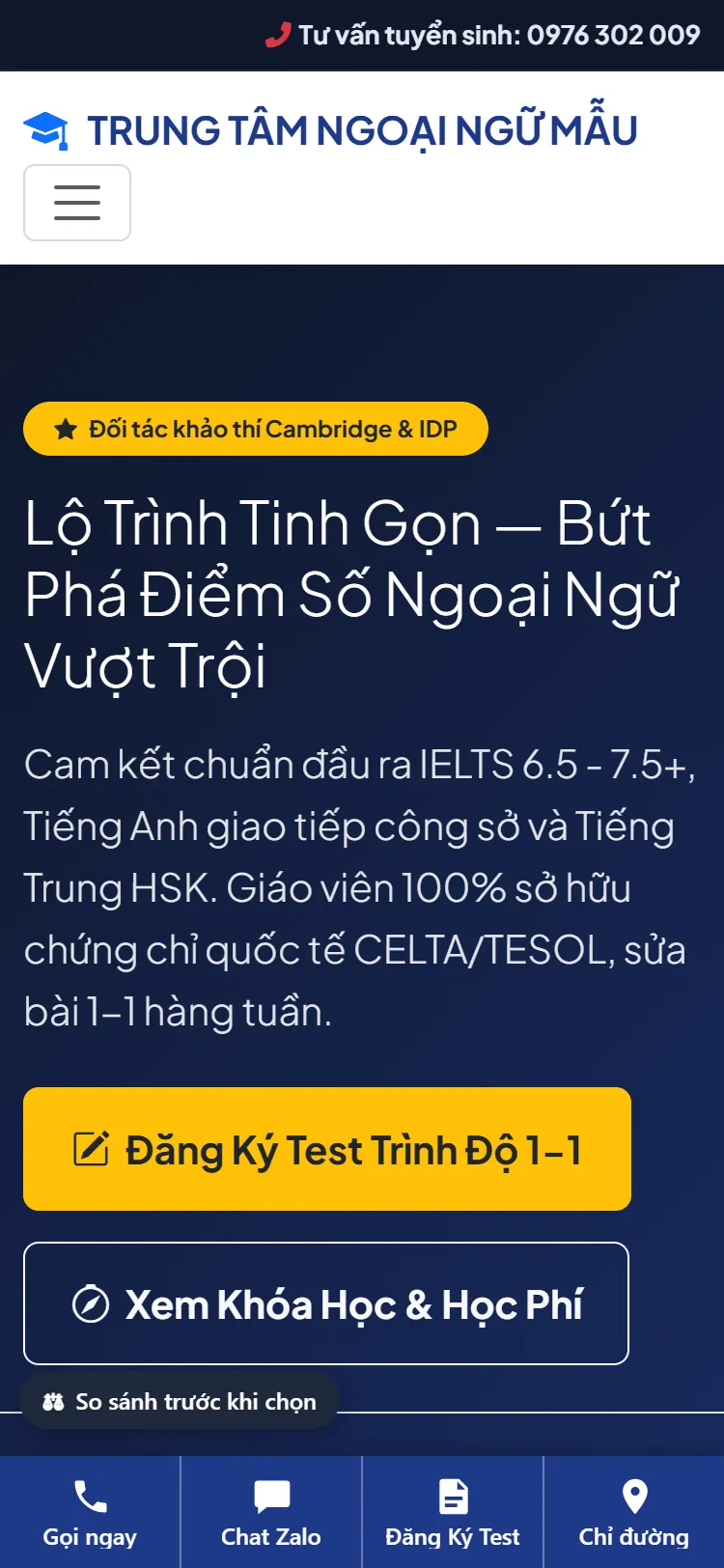 Web Trung tâm Ngoại ngữ – Trang chủ (điện thoại)