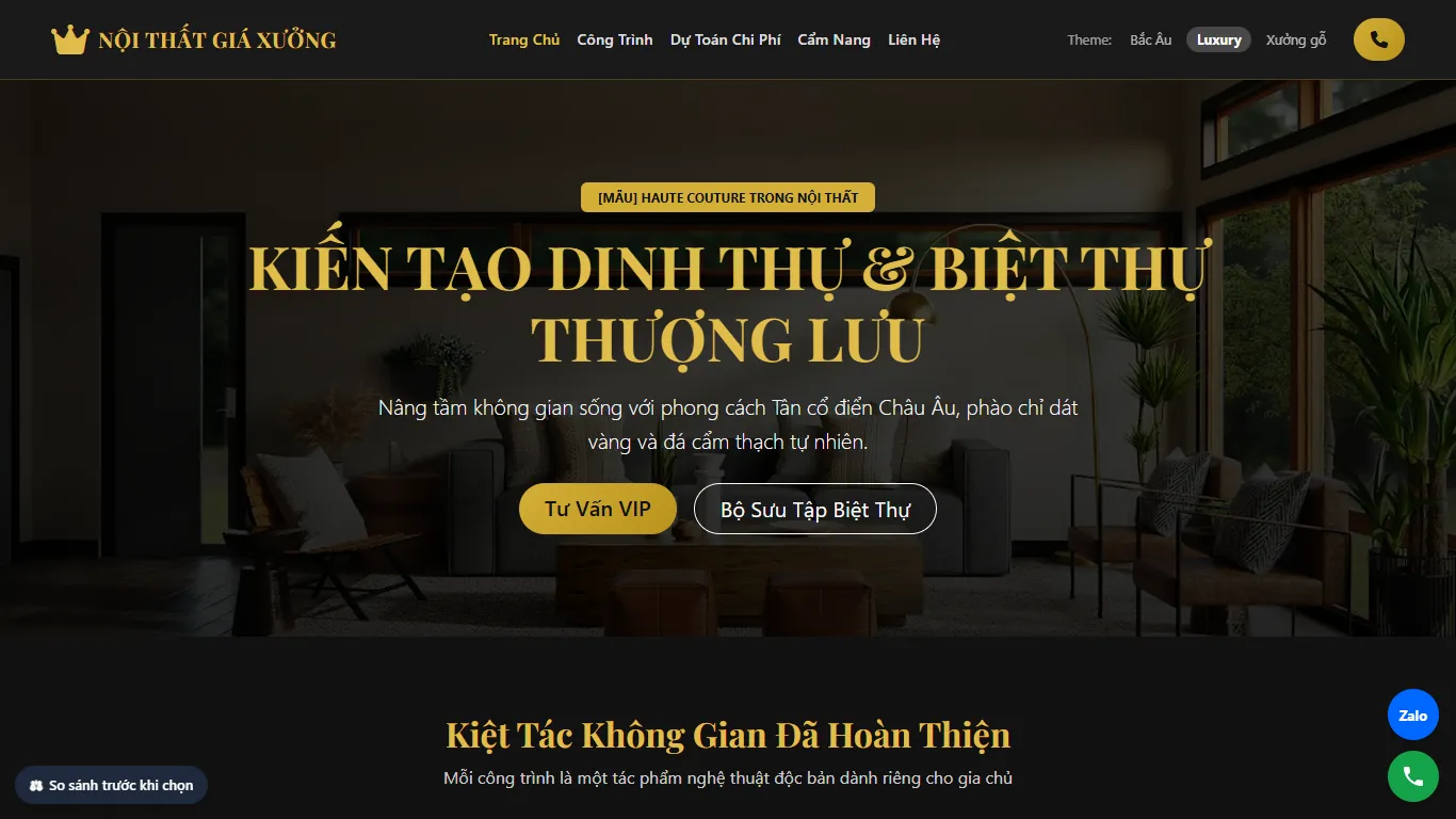 Web Nội thất & Thi công – Giao diện thứ hai (máy tính)