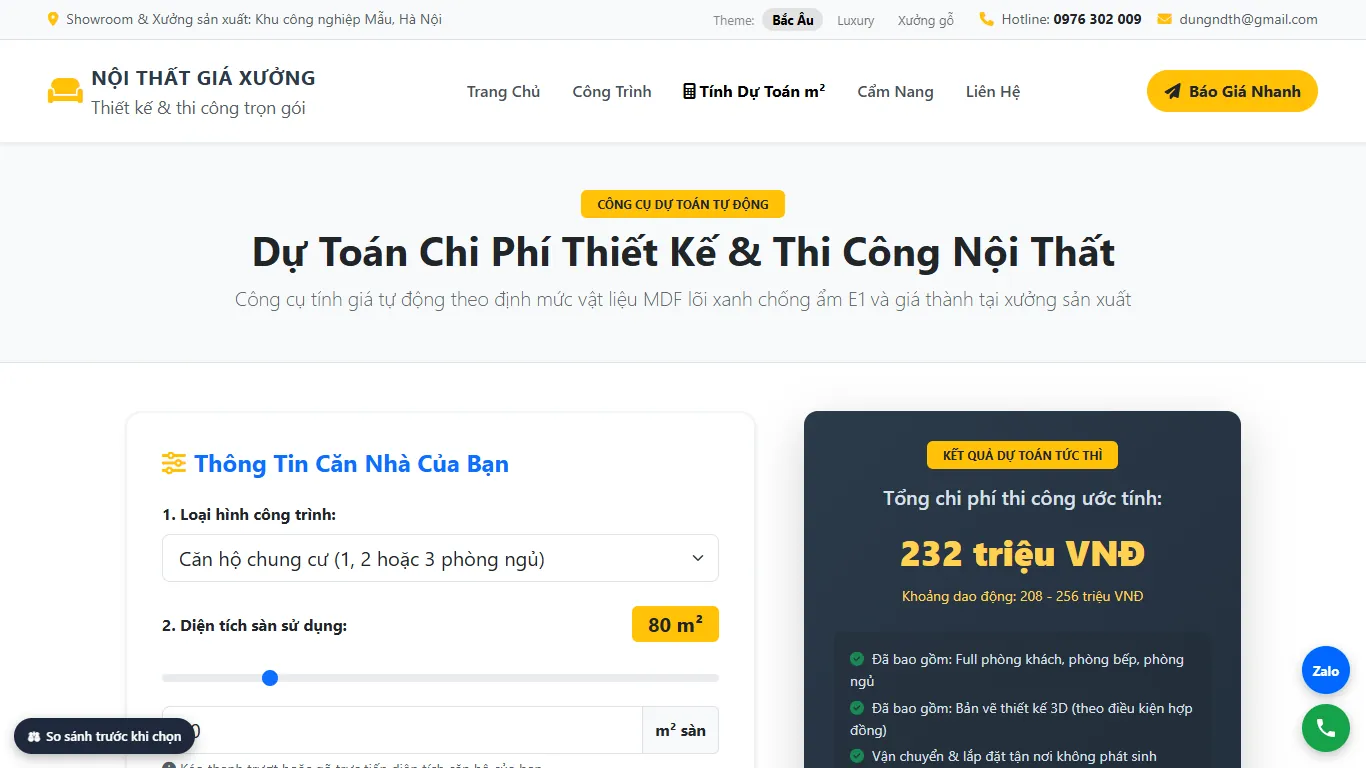 Web Nội thất & Thi công – Tính dự toán (máy tính)