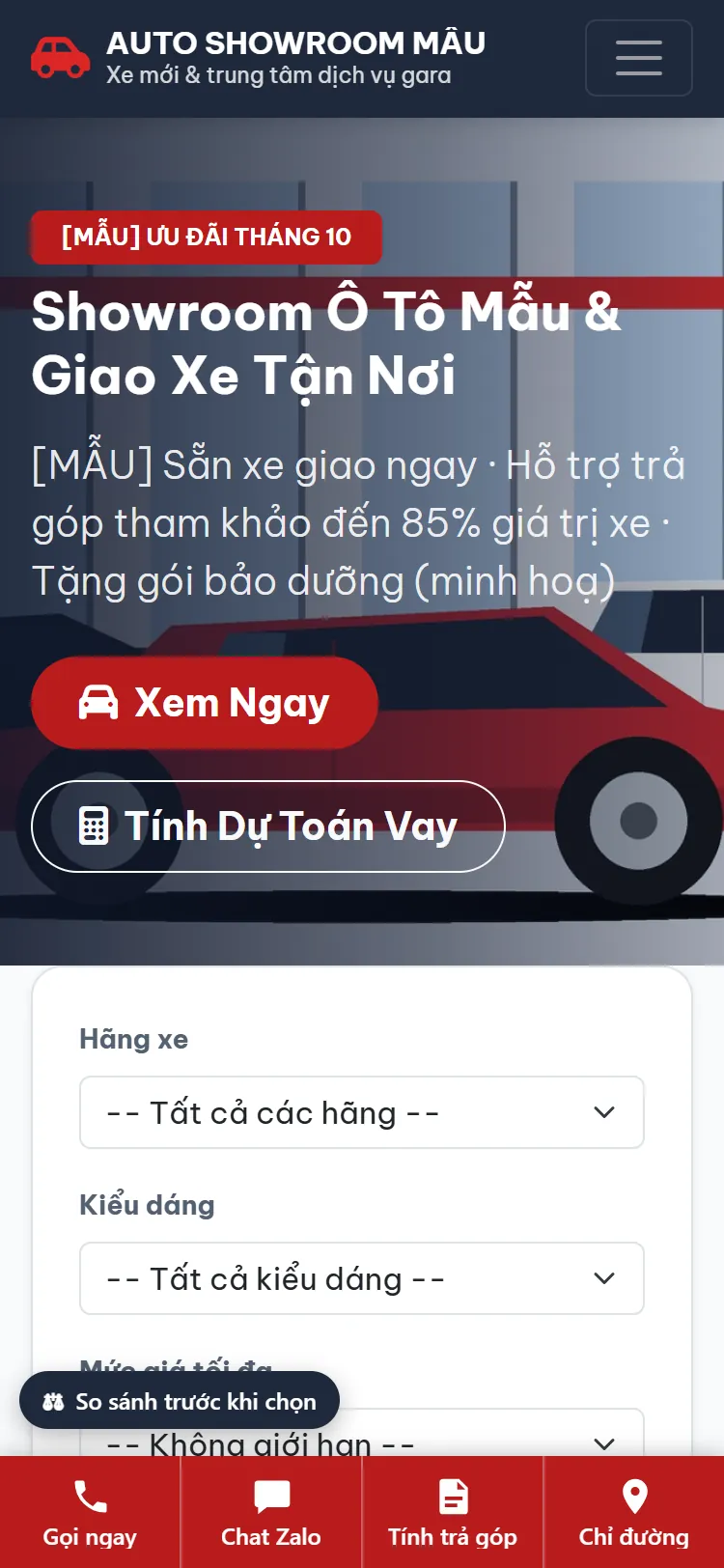 Web Ô tô & Gara – Trang chủ (điện thoại)