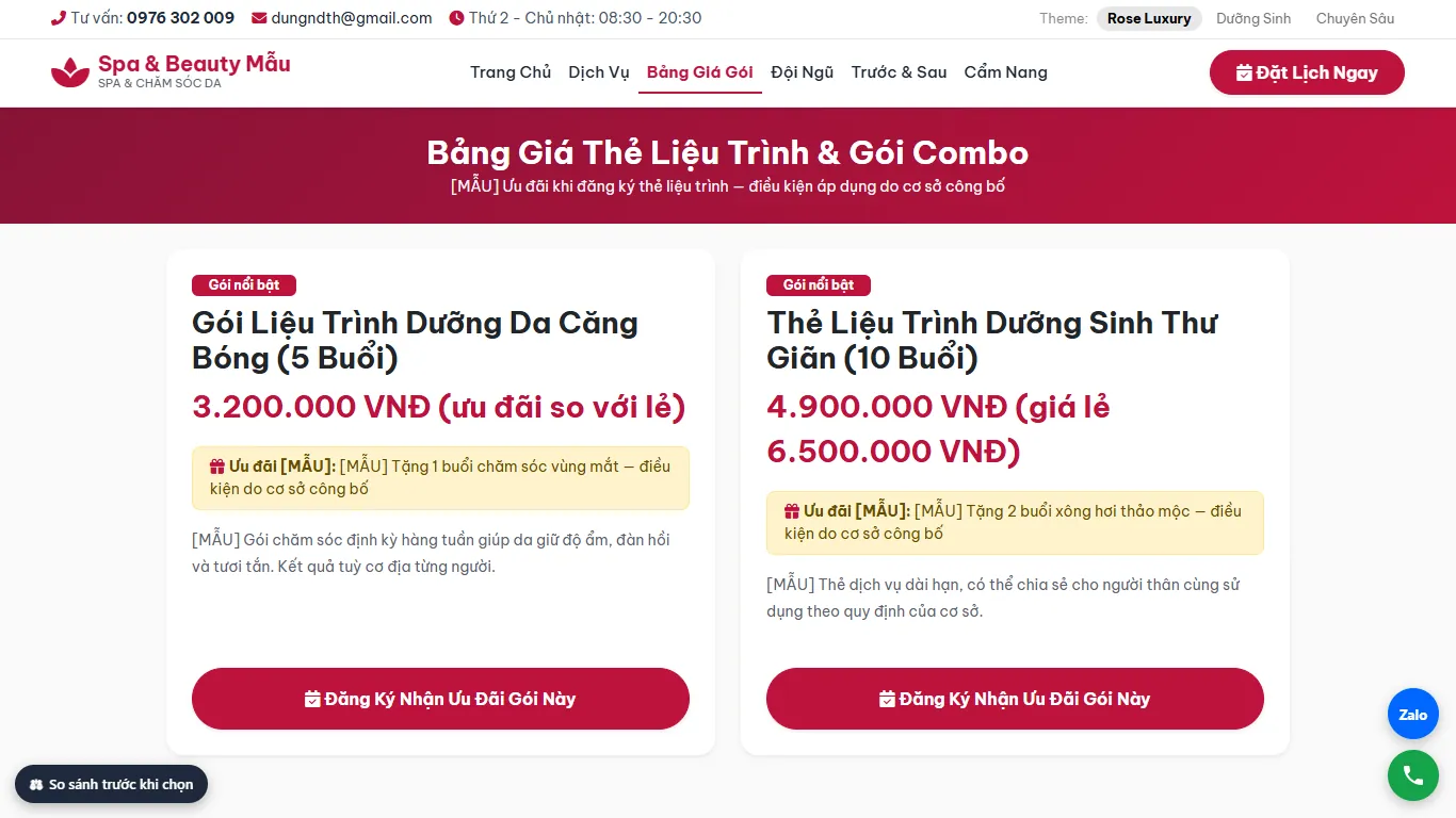 Quản lý gói nhiều buổi & thu tiền – Demo gần nhất — Bảng giá (máy tính)