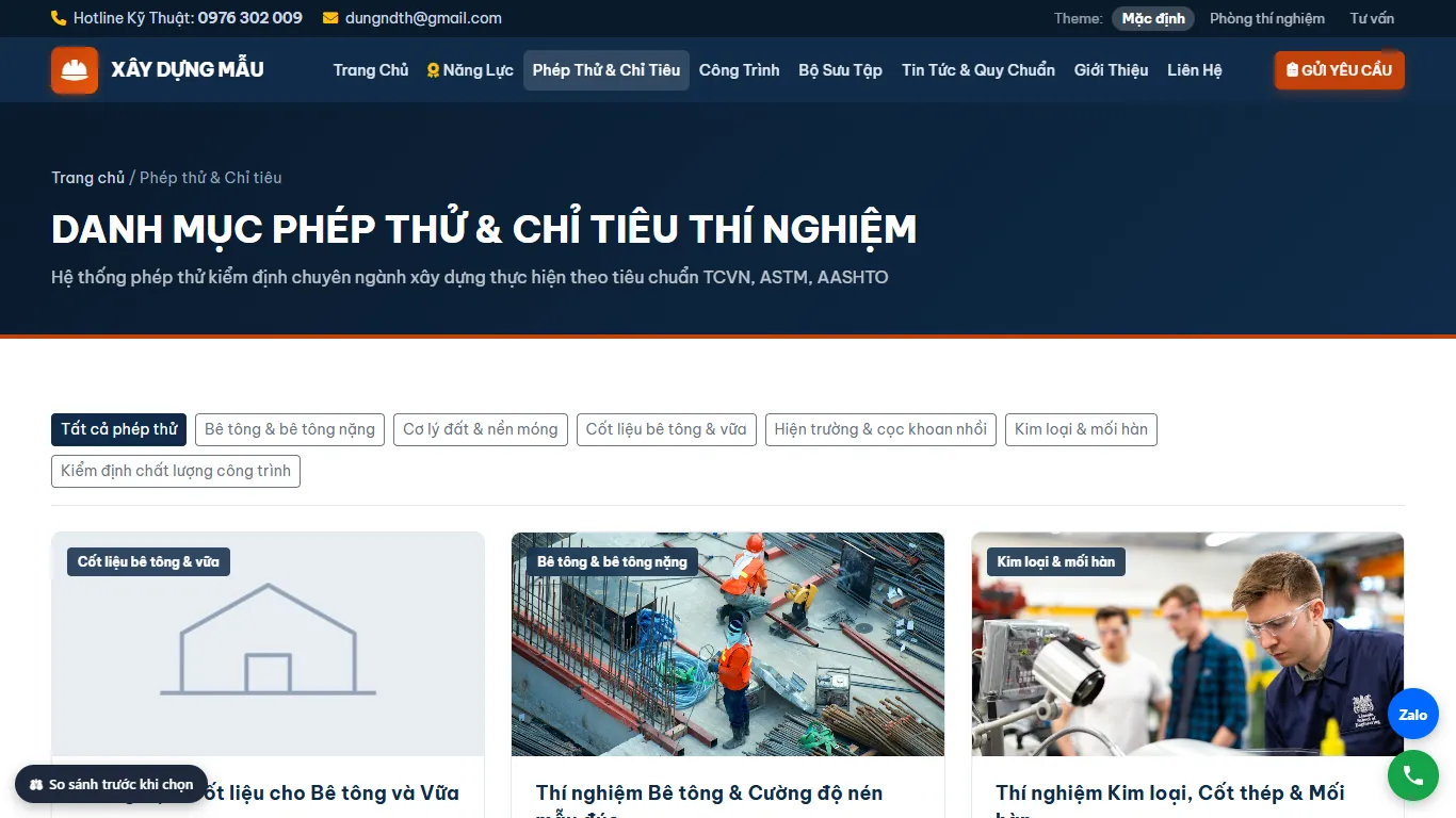 Web Xây dựng & Kiểm định – Danh mục phép thử
