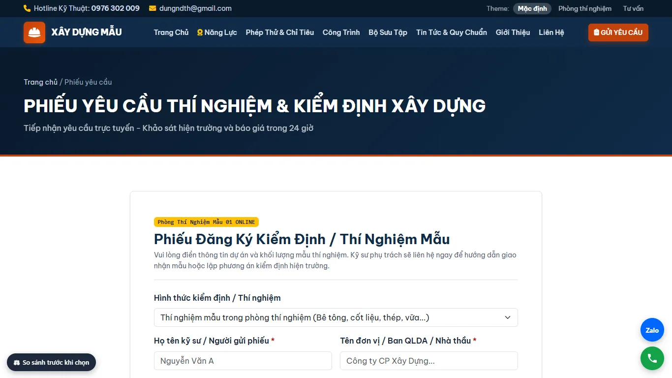 Web Xây dựng & Kiểm định – Gửi yêu cầu thí nghiệm trực tuyến