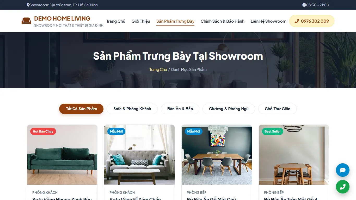 Web tĩnh Showroom nội thất (nhiều trang) – Danh sách sản phẩm (máy tính)