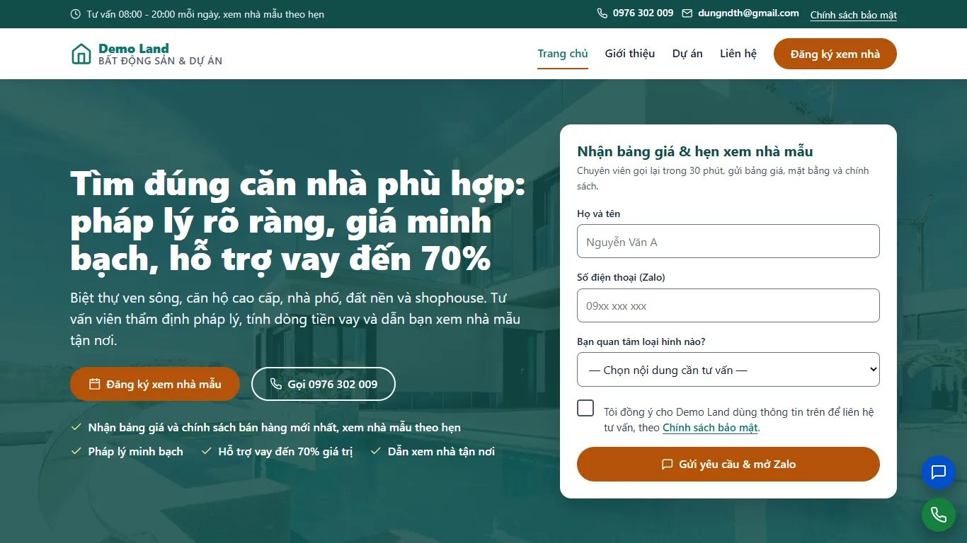 Web tĩnh Bất động sản & Dự án – Trang chủ (máy tính)
