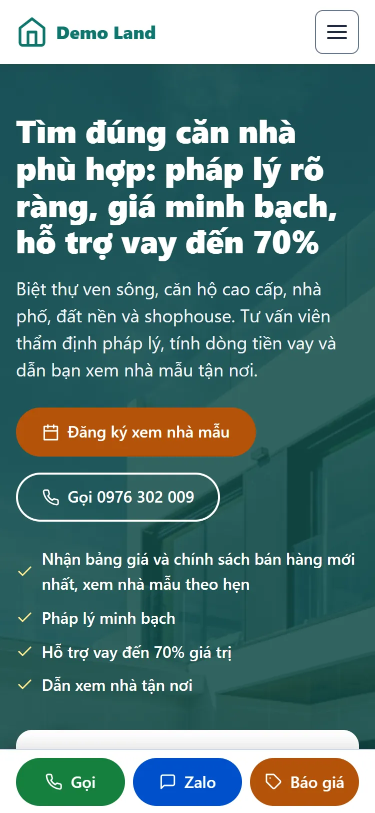 Web tĩnh Bất động sản & Dự án – Trang chủ (điện thoại)