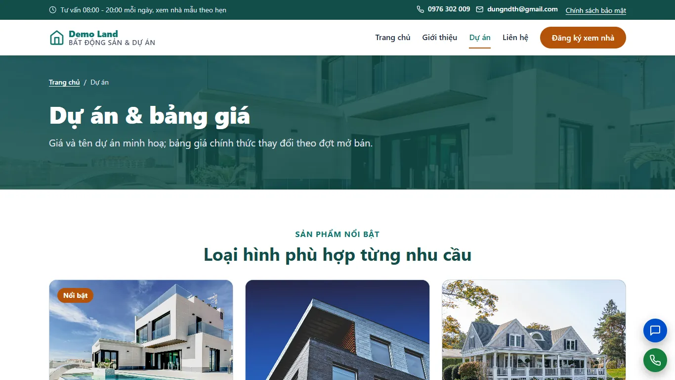 Web tĩnh Bất động sản & Dự án – Dịch vụ (máy tính)