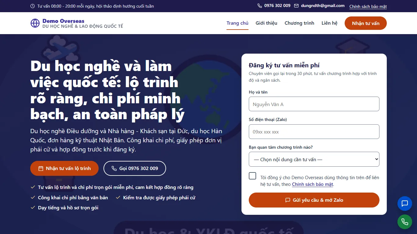 Web tĩnh Du học nghề & Lao động quốc tế – Trang chủ (máy tính)