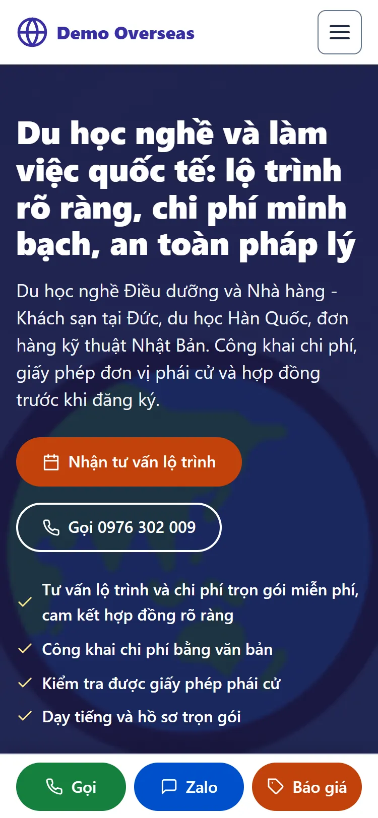 Web tĩnh Du học nghề & Lao động quốc tế – Trang chủ (điện thoại)