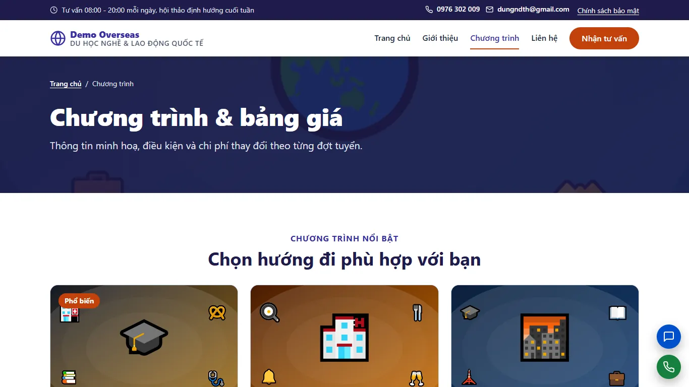 Web tĩnh Du học nghề & Lao động quốc tế – Dịch vụ (máy tính)