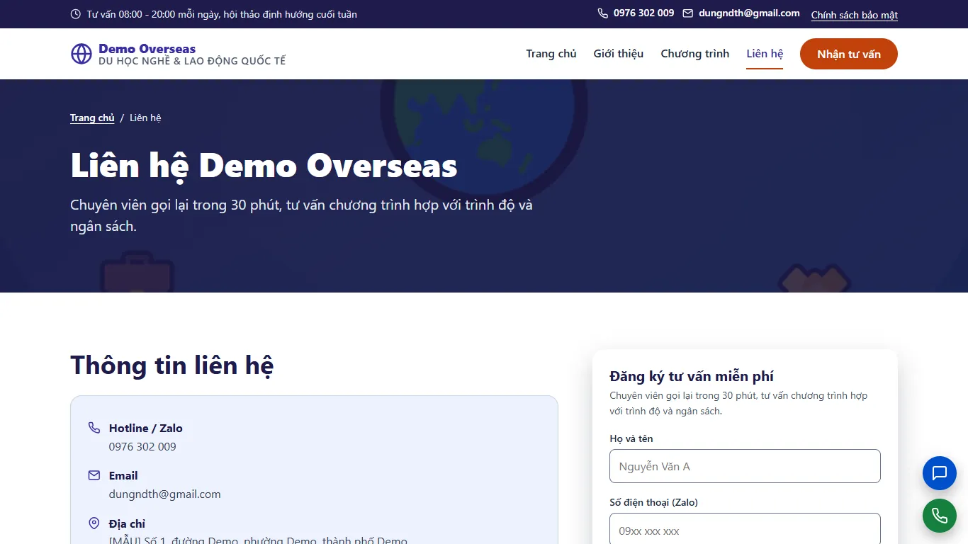 Web tĩnh Du học nghề & Lao động quốc tế – lien-he (máy tính)